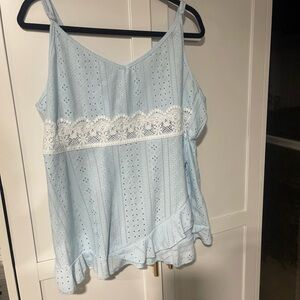 Light Blue Eyelet Lace Trim Women's Top
